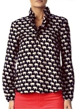 Elizabeth McKay Navy & White Silk Ruffled Elephant Print Blouse Sz 6